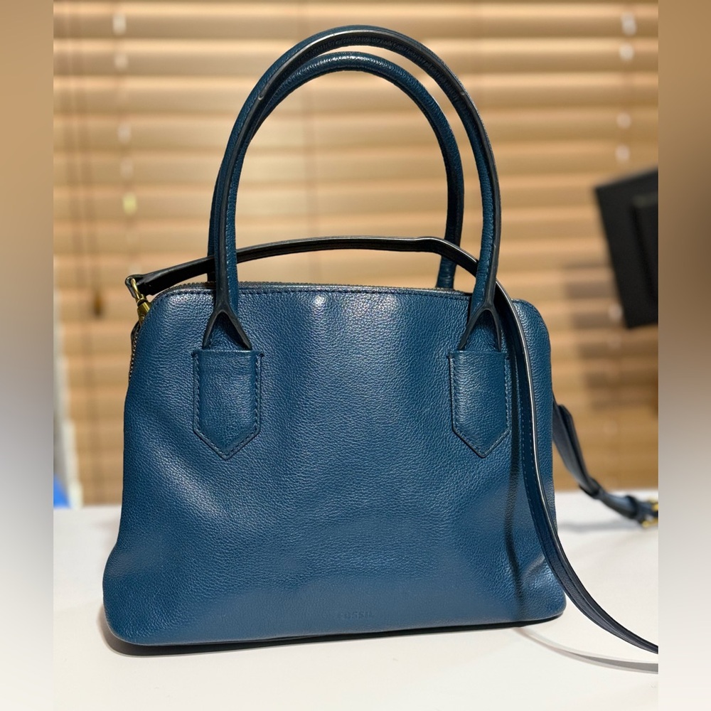 Fossil Lana Medium Satchel Crossbody Blue Leather Bag